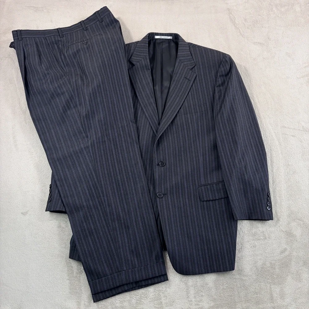 VTG Hickey Freeman Suit Men 44R Gray Striped Wool Pleated Pants 38x28 USA Made